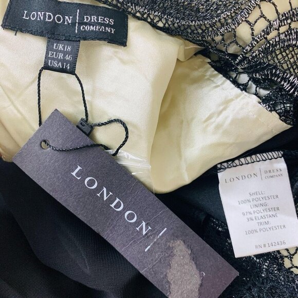 London Times Lace Open Back Tulle Mesh Cocktail Dress Size 14 Black Silver - Picture 8 of 11
